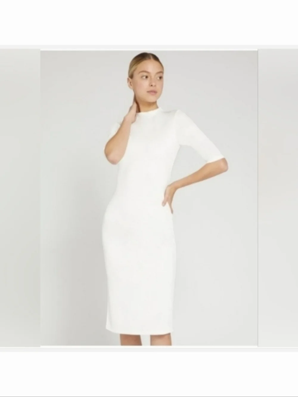 Alice + Olivia Delora Fitted Mock Neck Dress in Off White Size 8 - Picture 7 of 13